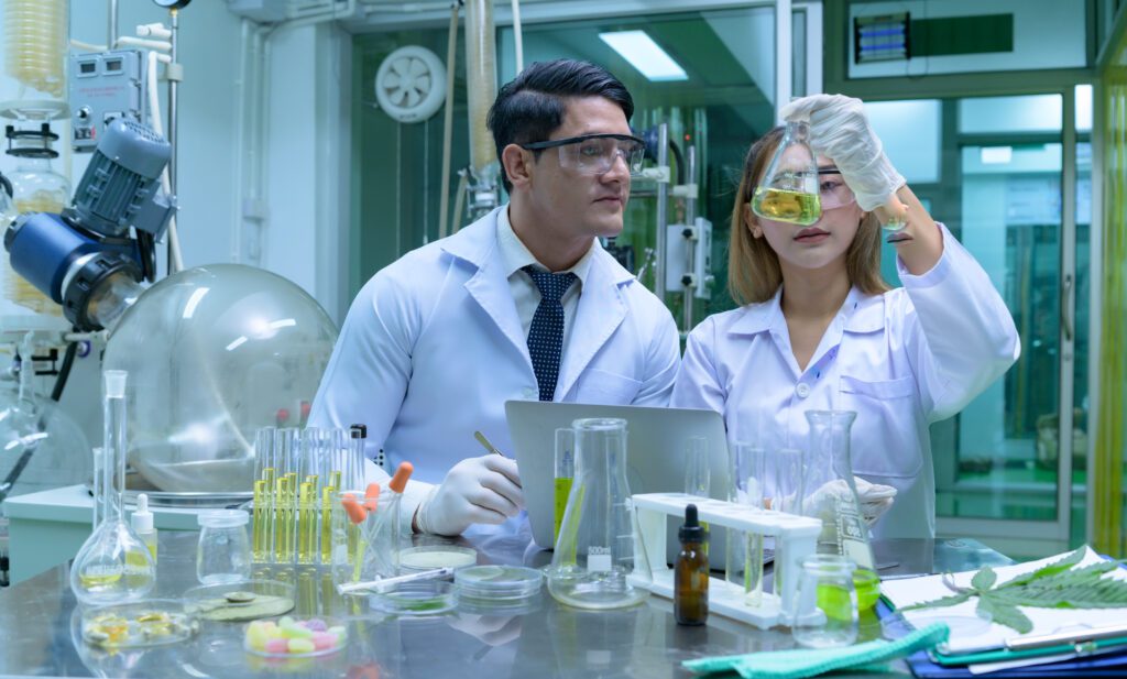 Scientists and assistants are in the oil and cannabis seed extractor room. The extracted cannabis oil is being tested and examined.